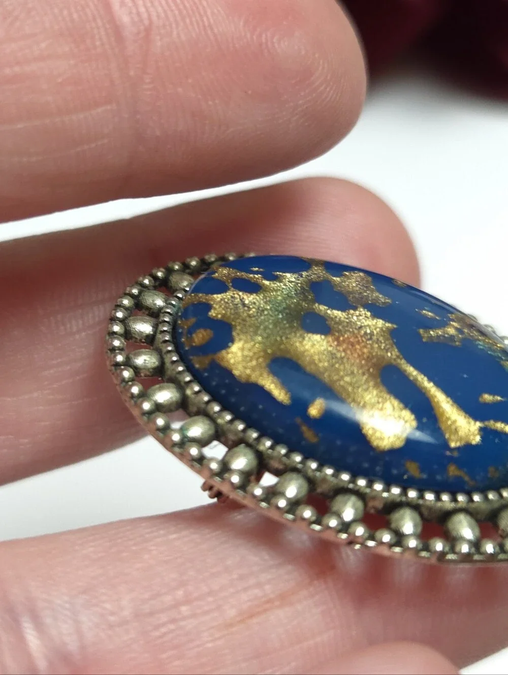 Handmade Blue & Metallic Gold Paint Swirl Silver Tone Brooch